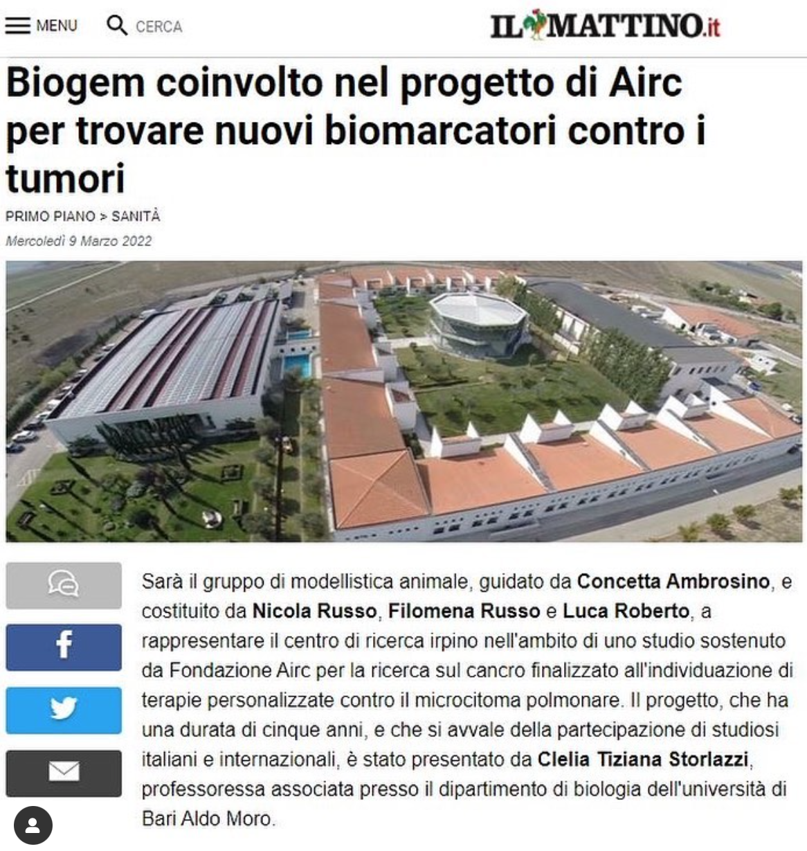Biogem coinvolto nel progetto di Airc per trovare nuovi biomarcatori contro i tumori